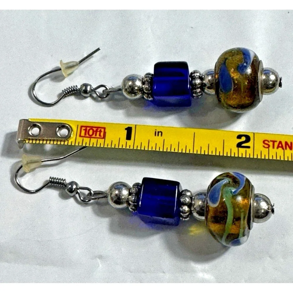 Artisan Lampwork Glass Drop Earrings Blue Gold Swirl Cube Bead Boho Dangle 2 In